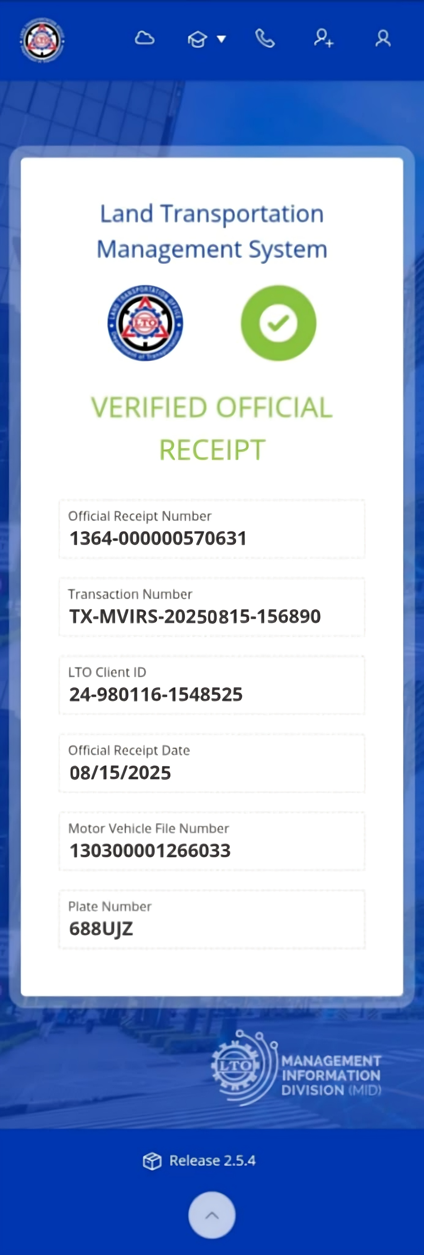 Verified Official Receipt